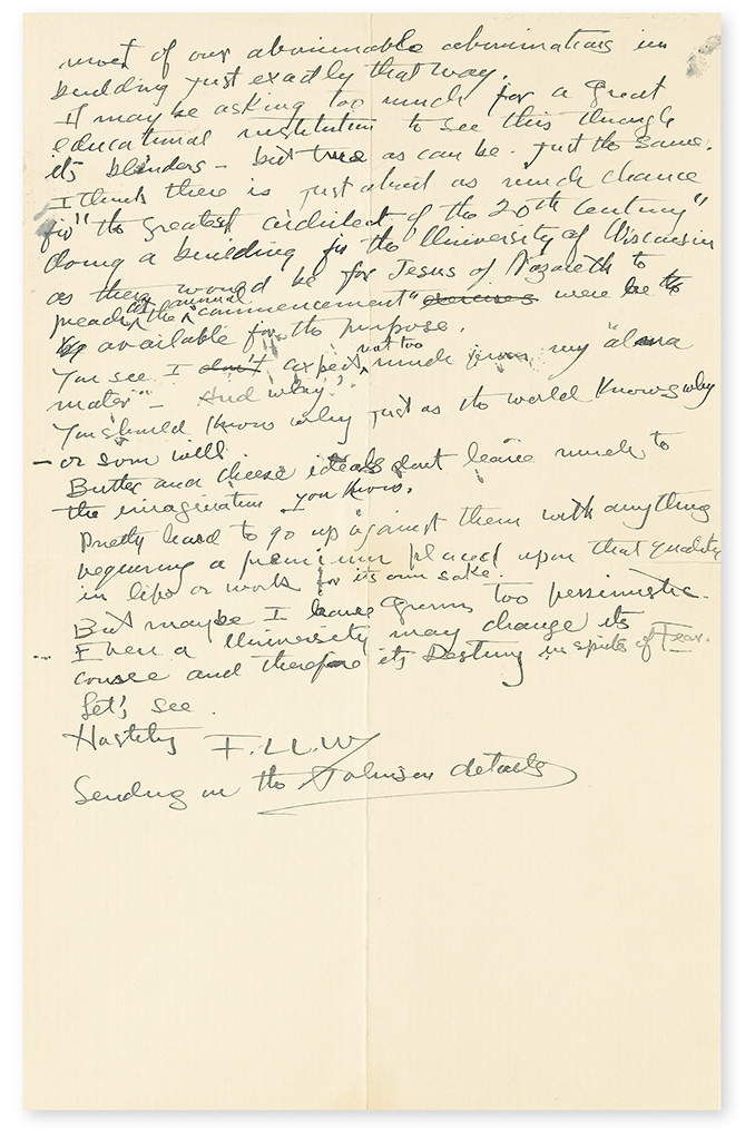 WRIGHT, FRANK LLOYD. Autograph Letter Signed, F.LL.W, to his architect apprentice Edgar Tafel (Dear Edgar),